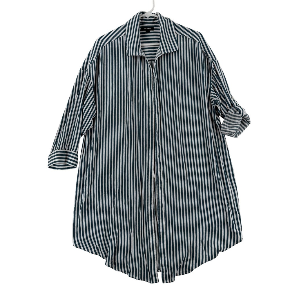 Torrid Cover Up Shirt Womens 0 Blue Stripe Collared Open Roll‎ Tab Sleeve Tunic